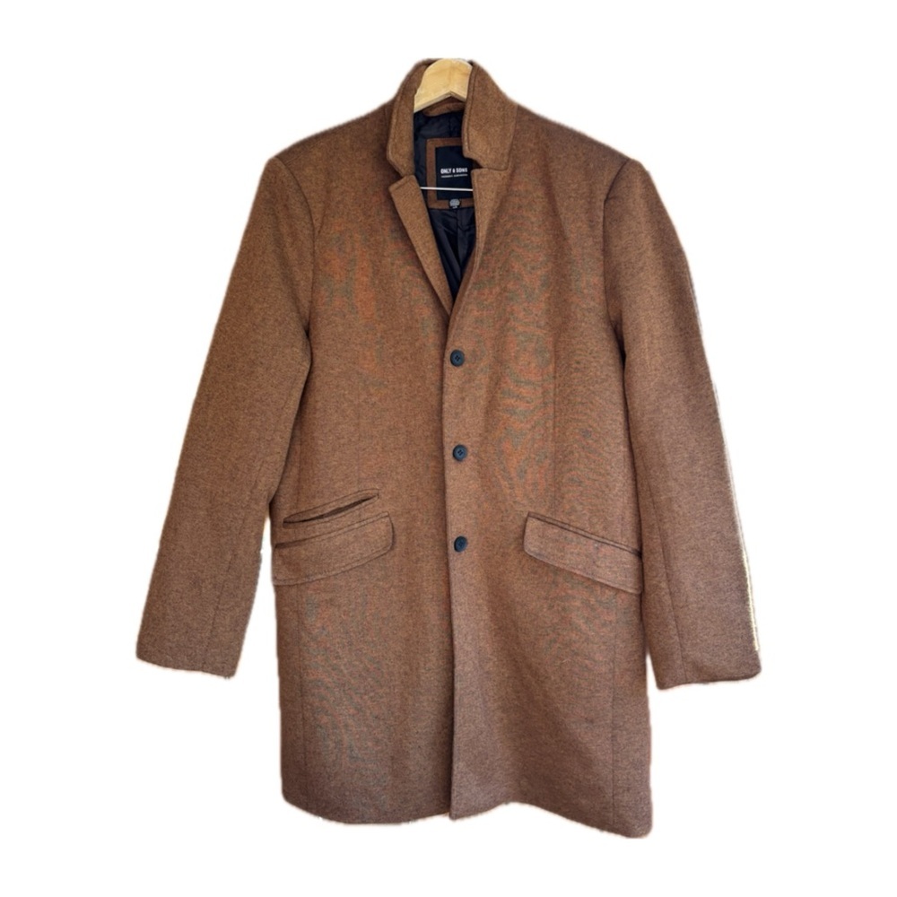 ONLY & SONS Brown Jacket Long King Coat Men’s Size Large Modern Gentleman